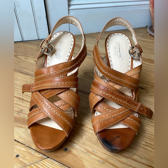 Coach cage strappy gladiator style tan leather heels double ankle strap size 9 - Picture 1 of 11